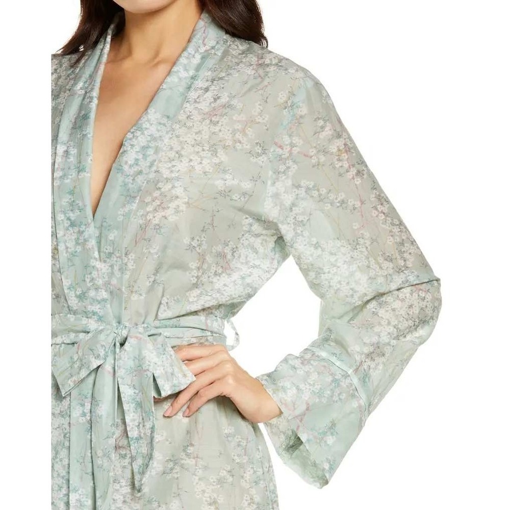 NEW Papinelle Teal Cherry Blossom Maxi Robe Cotton Silk Lace Trim Floral Medium - Picture 2 of 14